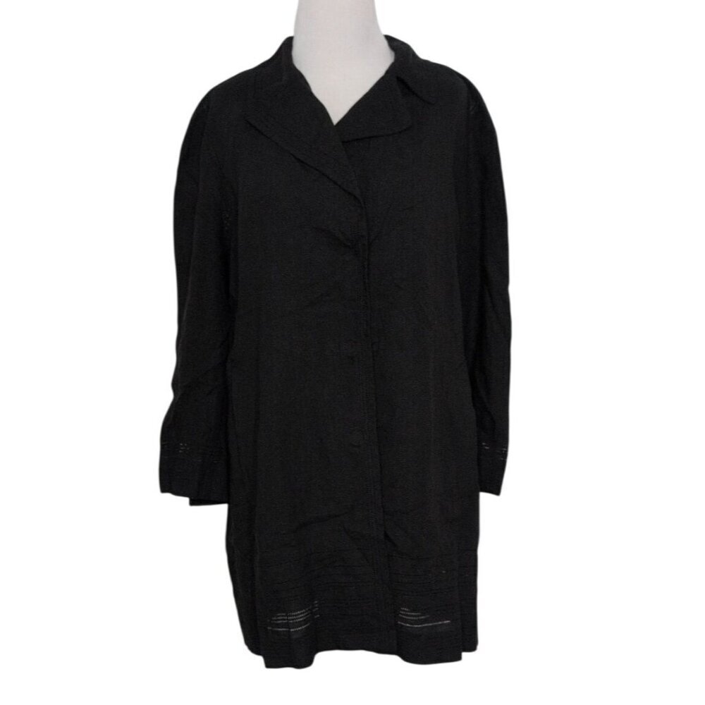 DKNY 100% Linen Shirt Womens Size 14 Black Lagenlook Lightweight Snap Front